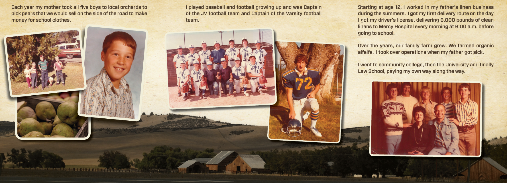 Photos of Scott Baugh as a child, his baseball team, in his football uniform, and of his family.